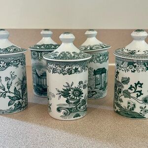 5 Spode English Vintage Green and White Porcelain Spice Pots with Lids